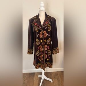 Nygard Collection Y2K Paisley Embroidered Brown Velour Button Long Jacket Sz 16
